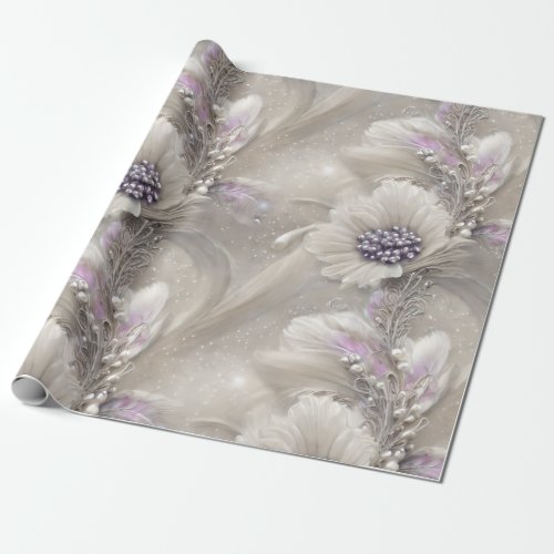 Elegant Gray Floral and Pearl  Wrapping Paper