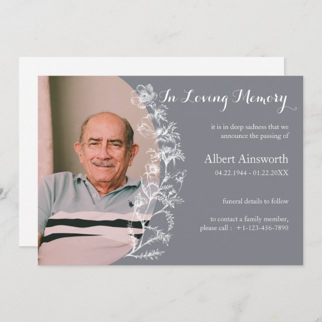 Elegant Gray Floral Funeral Memorial Announcement (Front/Back)
