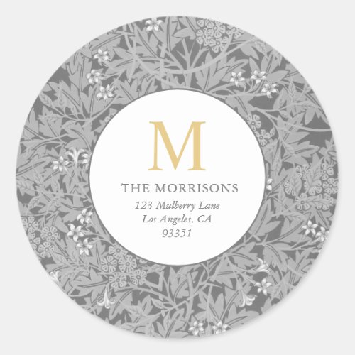 Elegant Gray Floral Gold Monogram Return Address Classic Round Sticker