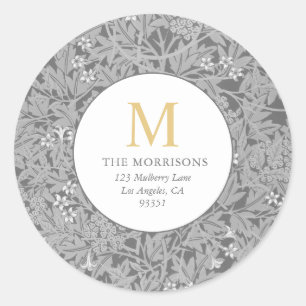 Elegant Gray Floral Gold Monogram Return Address Classic Round Sticker