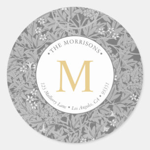 Elegant Gray Floral Gold Monogram Return Address Classic Round Sticker