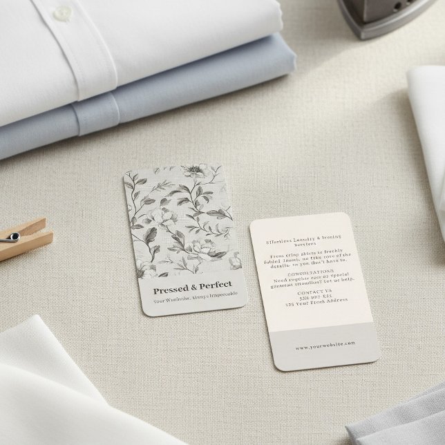 Elegant Gray Floral Laundry ironing Service Business Card (Elegant Gray Floral Laundry ironing Service Business Card.)