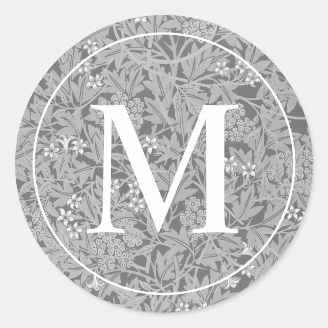Elegant Gray Floral Monogram Classic Round Sticker (Front)