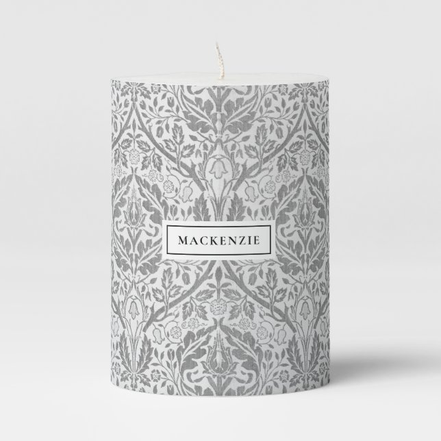 Elegant Gray Floral Pattern Pillar Candle (Front)