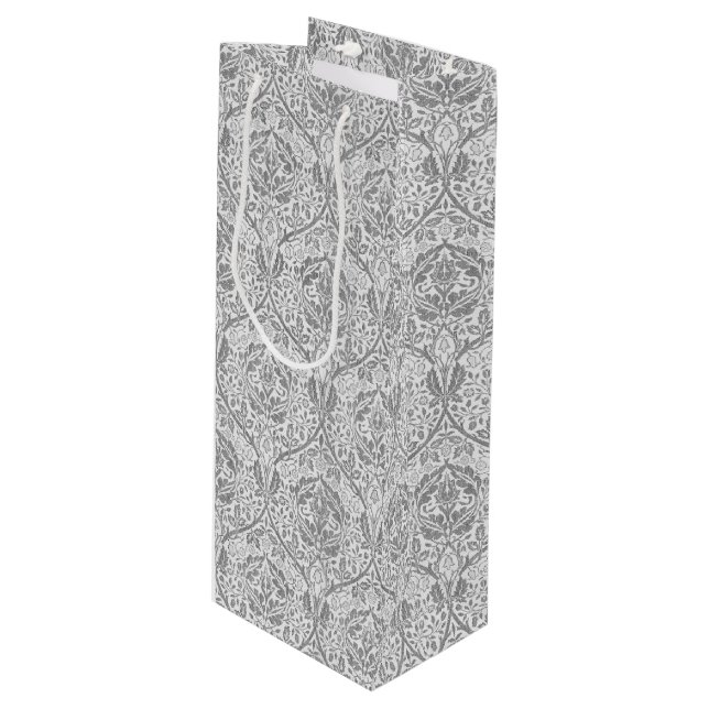 Elegant Gray Floral Pattern Wine Gift Bag (Front Angled)