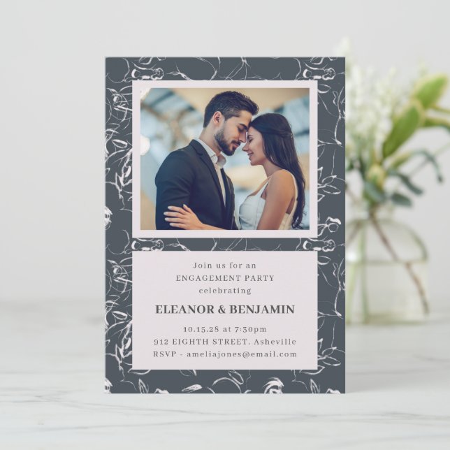 Elegant Gray Floral Photo Border Engagement Party Invitation (Standing Front)