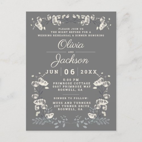 Elegant gray floral postcard rehearsal dinner