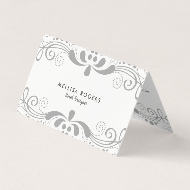 Elegant Gray Floral Swirls Lace Business Card (Front)