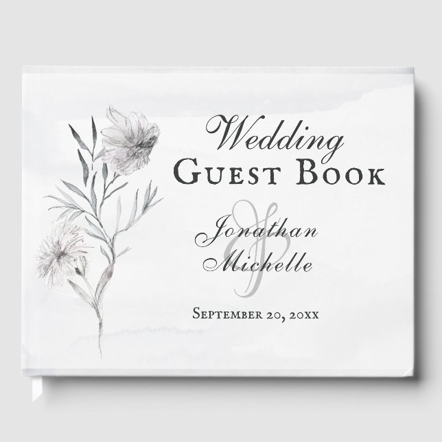 Elegant Gray Floral Watercolor Christian Wedding Guest Book (Front)