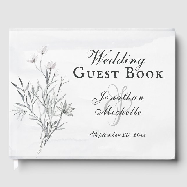 Elegant Gray Floral Watercolor Christian Wedding Guest Book (Front)
