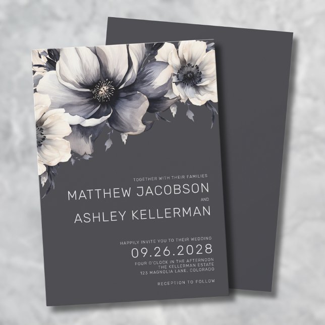Elegant Gray Floral Wedding Invitation (Elegant Modern Gray Floral Wedding Invitation)