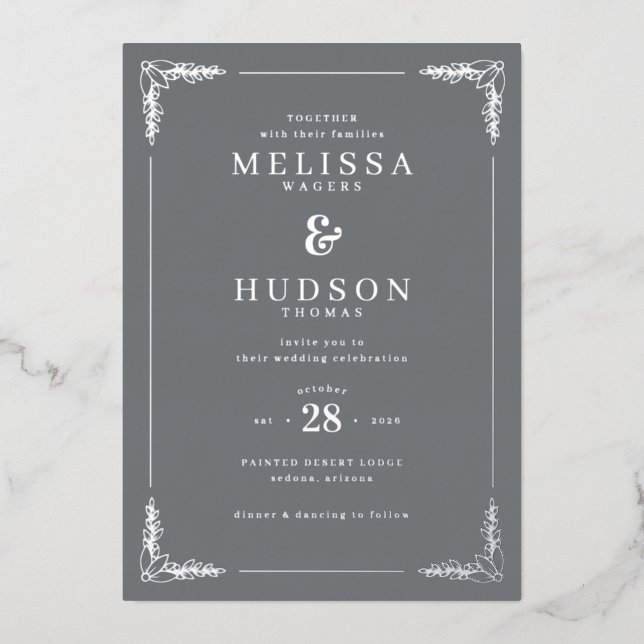 Elegant Gray Floral Wedding Invitation Foil Invitation (Front)
