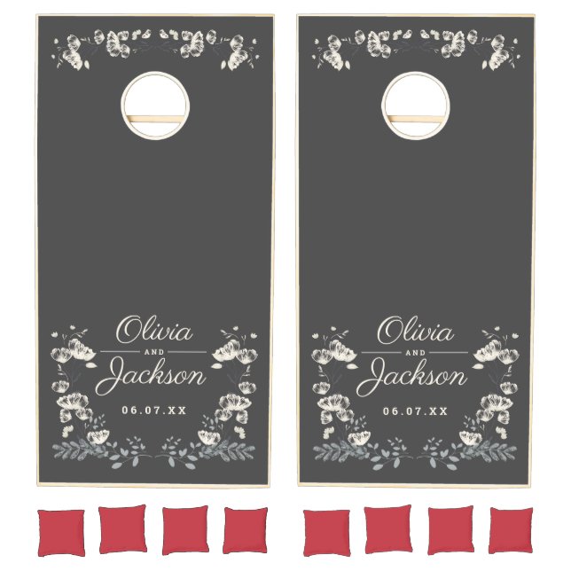 Elegant gray floral wedding reception cornhole set (Set)