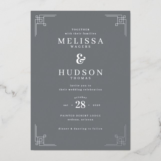 Elegant Gray Geometric Foil Invitation (Front)