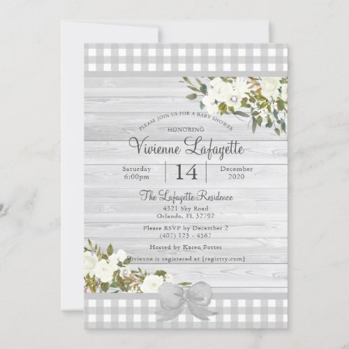 Elegant Gray Gingham Floral Baby Shower Invitation