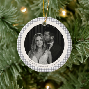 Elegant Gray Gingham Wedding Photo Holiday Couple Ceramic Ornament