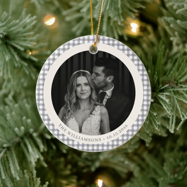 Elegant Gray Gingham Wedding Photo Holiday Couple Ceramic Ornament (Tree)