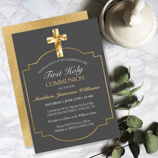 Elegant Gray Gold 1st Holy Communion Invitation (Creator Uploaded)