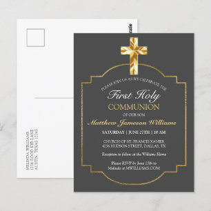 Elegant Gray Gold 1st Holy Communion Invitation Postcard