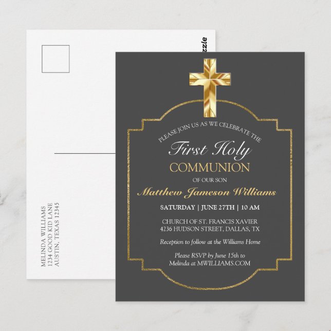 Elegant Gray Gold 1st Holy Communion Invitation Postcard (Front/Back)