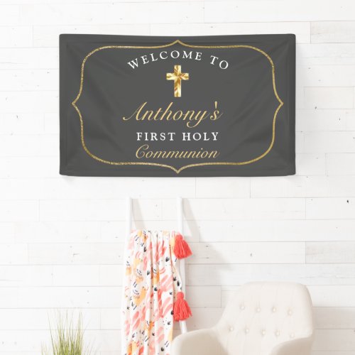 Elegant Gray Gold 1st Holy Communion Welcome Banner