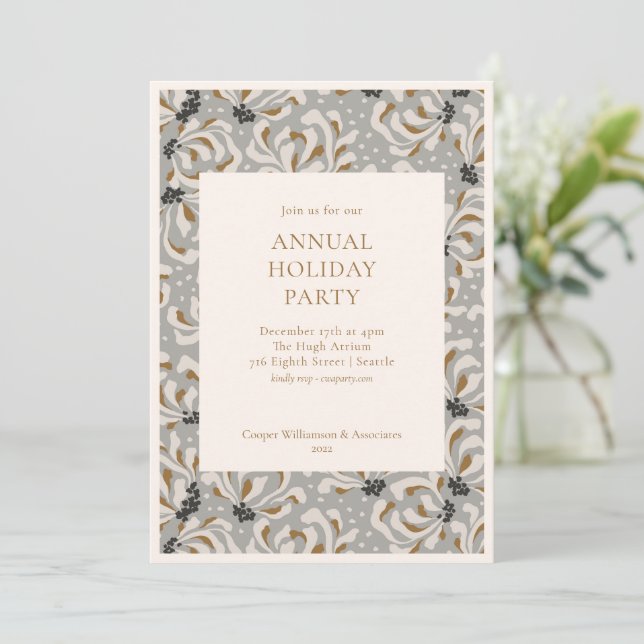 Elegant Gray Gold Botanical Office Holiday Party Invitation (Standing Front)