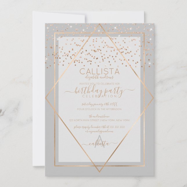 Elegant Gray Gold Confetti Border Birthday Invitation (Front)