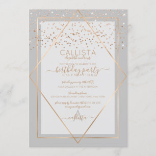 Elegant Gray Gold Confetti Border Birthday Invitation