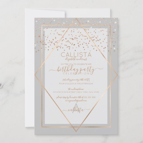 Elegant Gray Gold Confetti Border Birthday Invitation