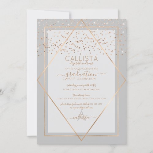 Elegant Gray Gold Confetti Border Graduation Invitation