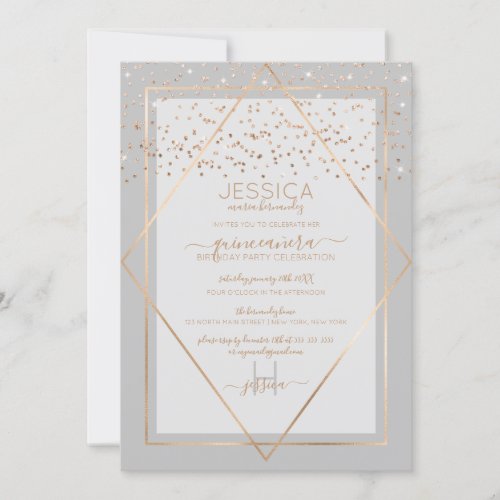 Elegant Gray Gold Confetti Border Quinceaera Invitation