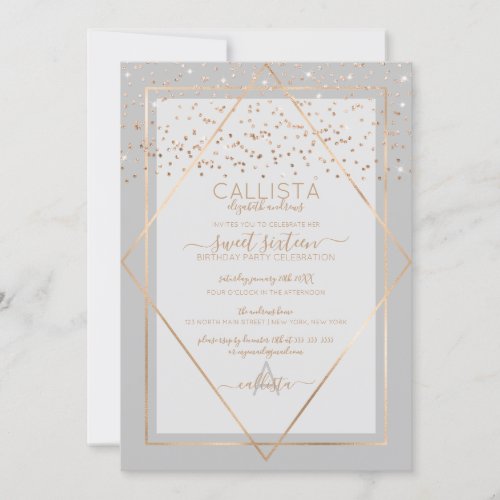 Elegant Gray Gold Confetti Border Sweet 16 Invitation