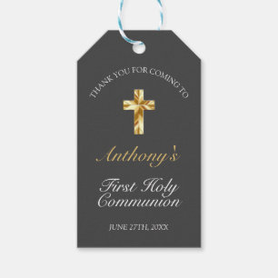 Elegant Gray Gold Cross 1st Communion Gift Tags