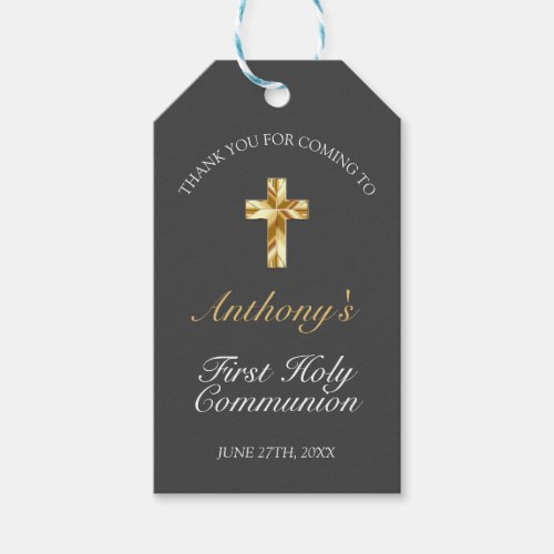 Elegant Gray Gold Cross 1st Communion   Gift Tags
