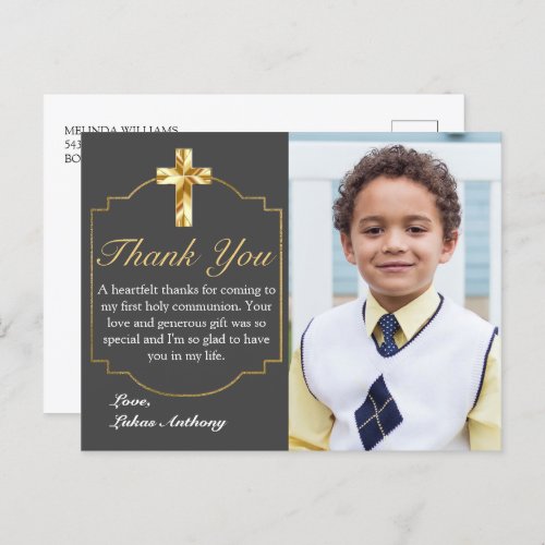 Elegant Gray Gold Cross 1st Communion Thank You Postcard
