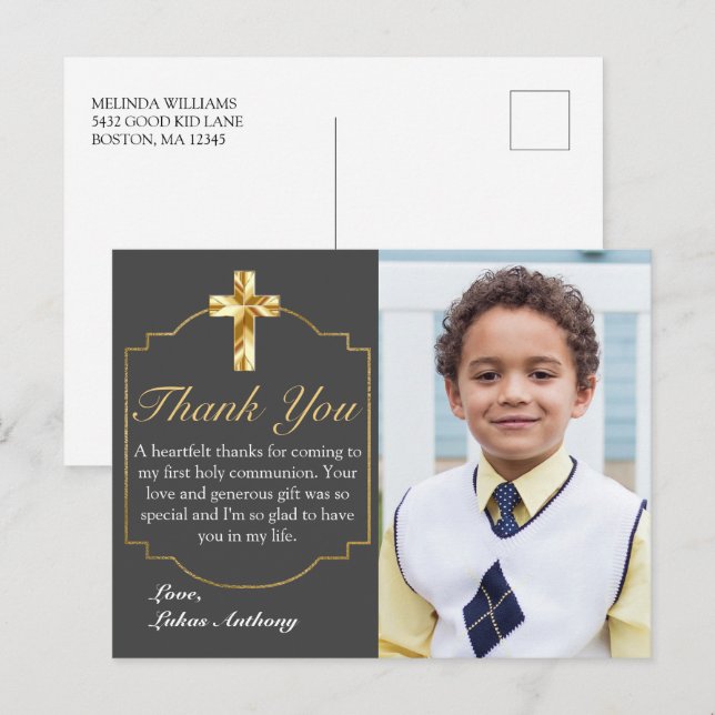 Elegant Gray Gold Cross 1st Communion Thank You Postcard (Front/Back)
