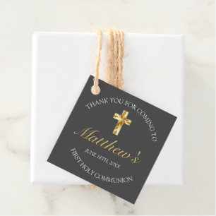 Elegant Gray Gold Cross First Communion Favor Tags