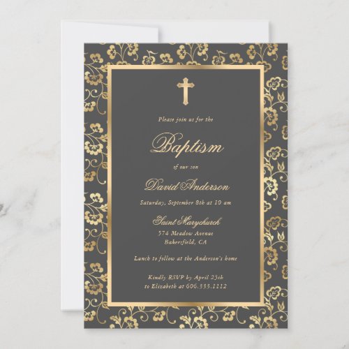 Elegant Gray Gold Floral Boy Baptism Invitation