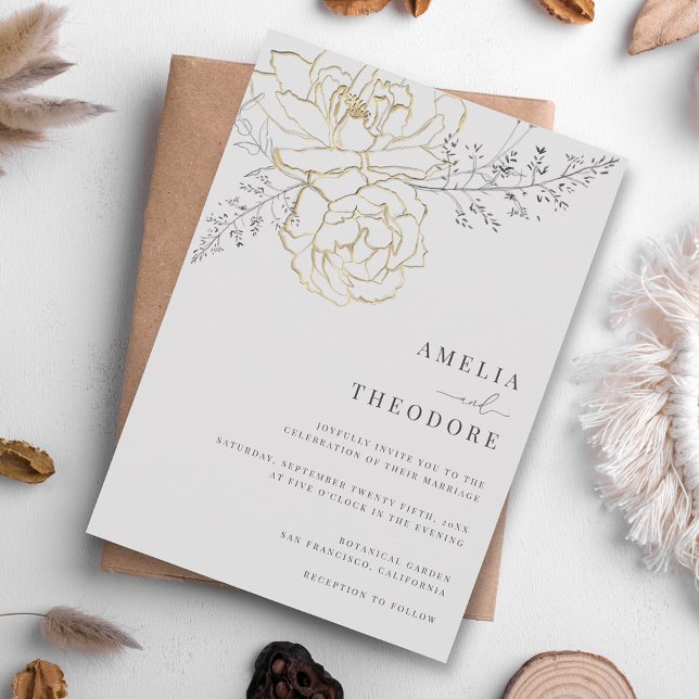 Elegant Gray Gold Floral Wedding Invitation (Creator Uploaded)