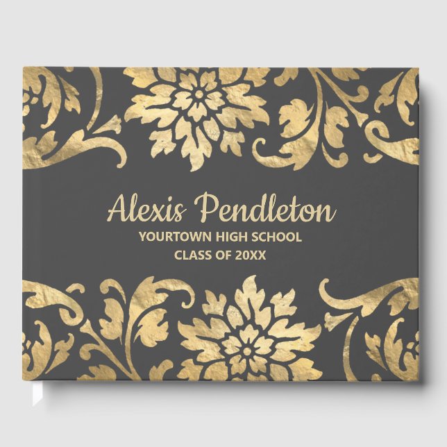 Elegant Gray Gold Flowers Graduation Party Guest Book (Front)
