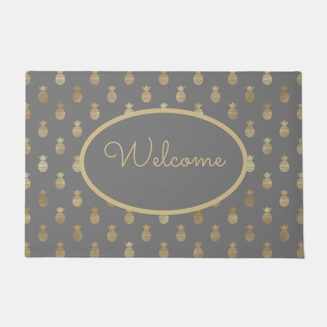 Elegant Gray & Gold Pineapple Personalized Doormat (Front)