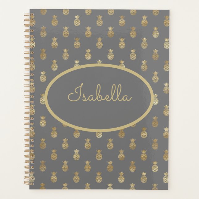 Elegant Gray & Gold Pineapple Personalized  Planner (Front)