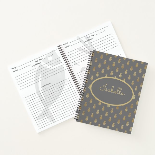 Elegant Gray & Gold Pineapple Personalized Recipe Notebook (Inside)