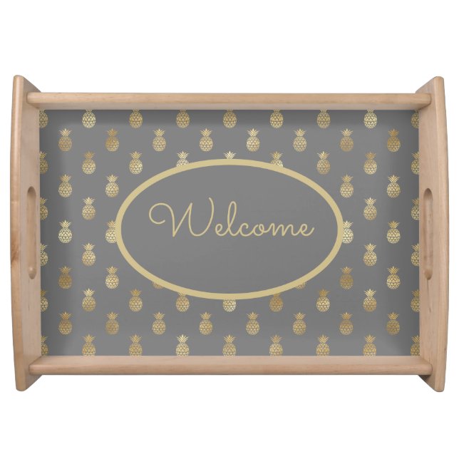Elegant Gray & Gold Pineapple Personalized   Serving Tray (Front)