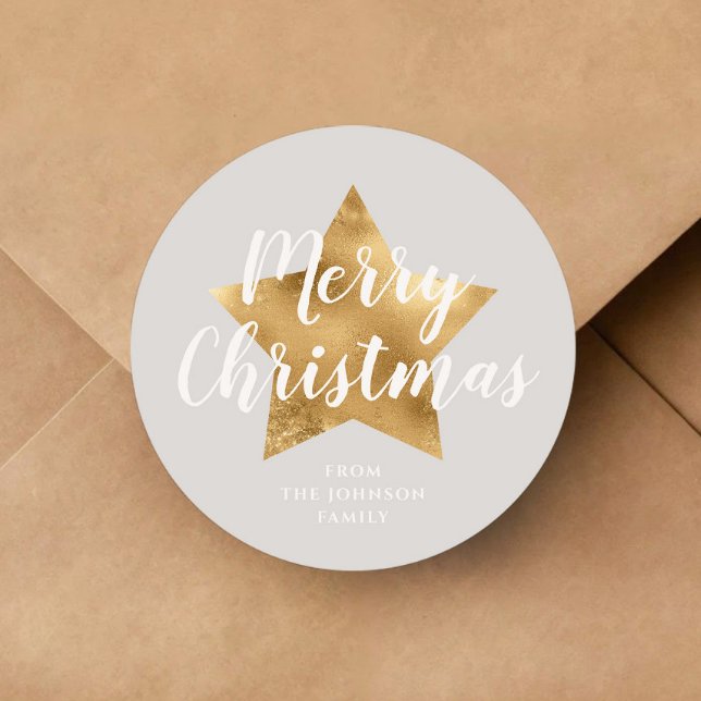 Elegant Gray Gold Star Christmas  Classic Round Sticker (Elegant Gray Gold Star Christmas Classic Round Sticker)