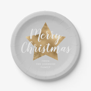 Elegant Gray Gold Star Merry Christmas Paper Plates