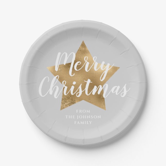 Elegant Gray Gold Star Merry Christmas Paper Plates (Front)