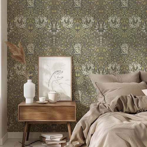 Elegant Gray  Gold Vintage Floral Honeysuckle Wallpaper