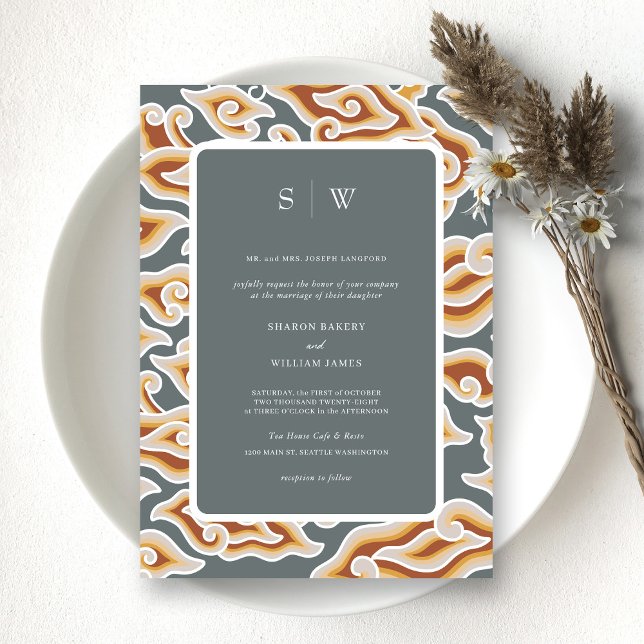 Elegant Gray & Gold Waves Monogram Wedding Invitation (Personalized Vibrant Batik Symphony A Multicolor Wedding Invitation)