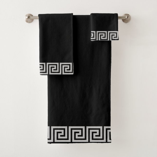 Elegant Gray Greek Frame Pattern on Black Bath Towel Set (Insitu)